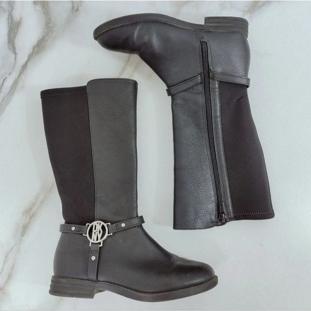 DKNY Girls' Emma Black Faux Leather Textile Harness Boots, Sz 1